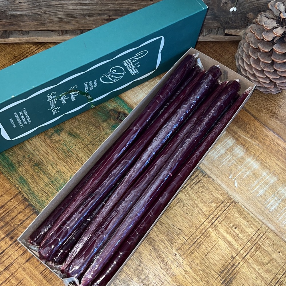Patrician Vintage 15” Burgundy Hand Dipped Candles. Box of 12. Brand new